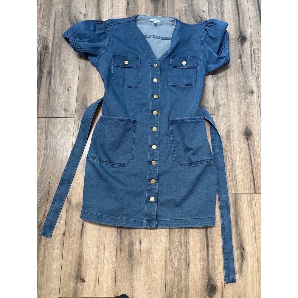 Maurices Womens Soft V Neck Denim Button-Down Dress XL Pockets & Puff Sleeves